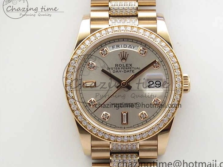 Bracelet Day-Date Dial Silver on Crystal RG A2836 Best Edition 128235 Marker Crystal BP President 36mm RG 0511